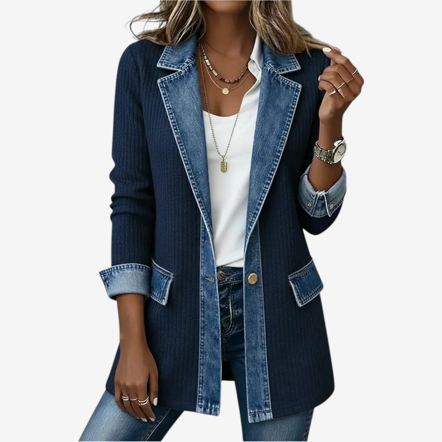 Women's Knit and Denim Hybrid Jacket with Notched Lapel – Button-Front Spring Layer