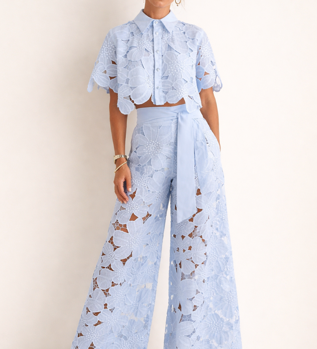 Women's Patterned Short Sleeve Blouse and Wide-Leg Pants Set – Relaxed Summer Two-Piece