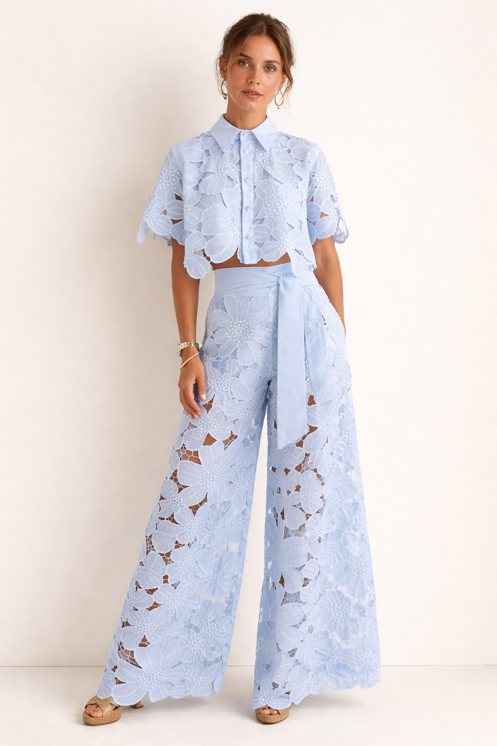 Women's Patterned Short Sleeve Blouse and Wide-Leg Pants Set – Relaxed Summer Two-Piece