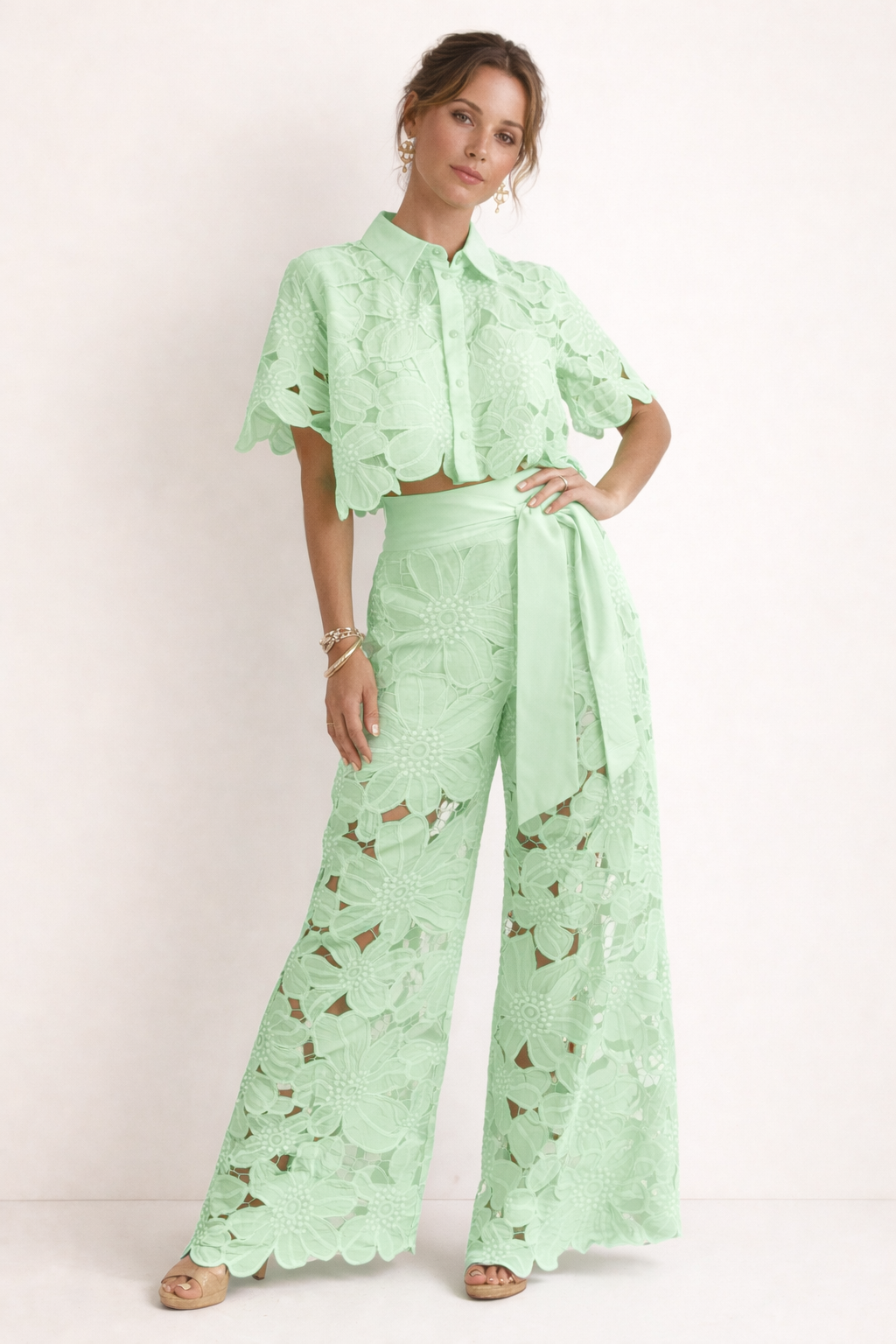 Women's Patterned Short Sleeve Blouse and Wide-Leg Pants Set – Relaxed Summer Two-Piece