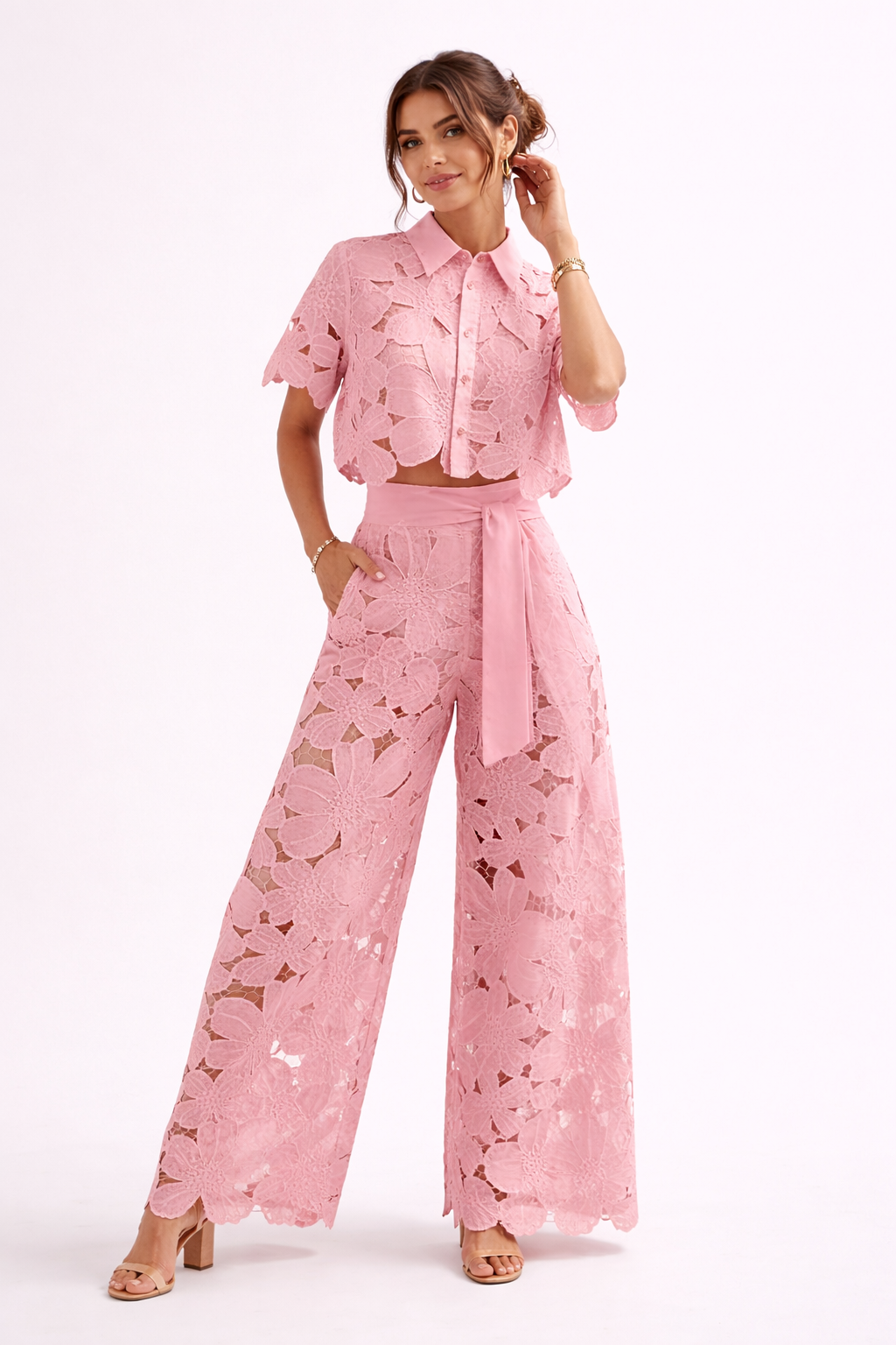 Women's Patterned Short Sleeve Blouse and Wide-Leg Pants Set – Relaxed Summer Two-Piece