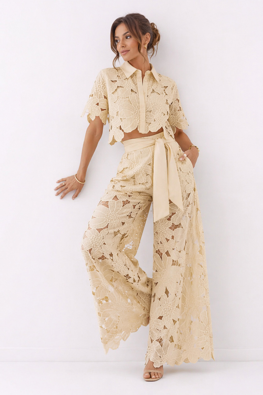 Women's Patterned Short Sleeve Blouse and Wide-Leg Pants Set – Relaxed Summer Two-Piece