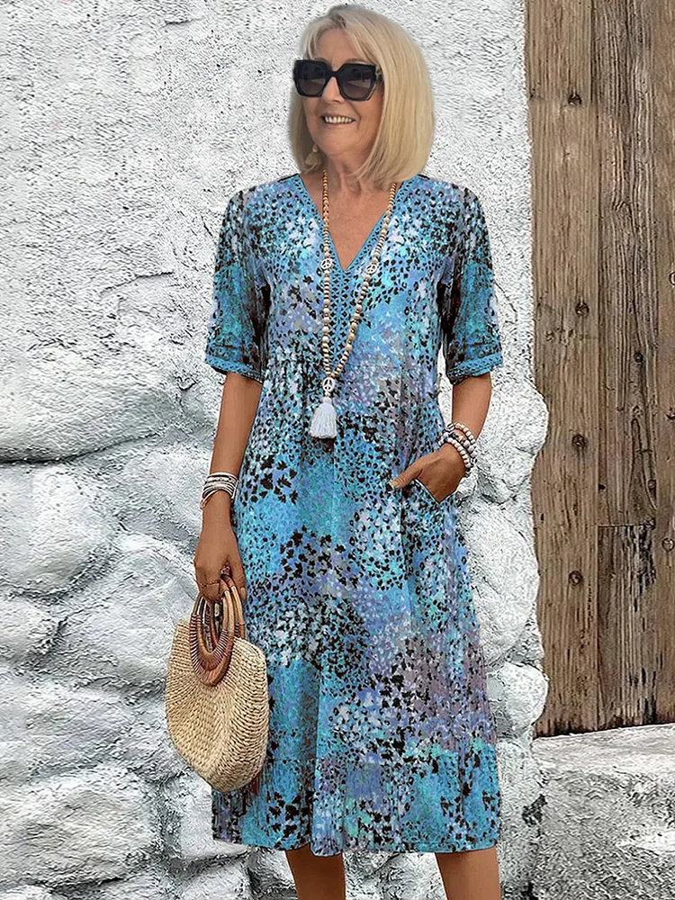 Women's Printed V-Neck A-Line Midi Dress with Pockets – Relaxed Casual Summer Dress