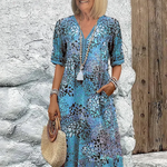 Women's Printed V-Neck A-Line Midi Dress with Pockets – Relaxed Casual Summer Dress
