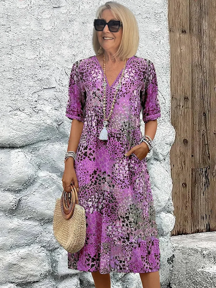 Women's Printed V-Neck A-Line Midi Dress with Pockets – Relaxed Casual Summer Dress