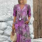 Women's Printed V-Neck A-Line Midi Dress with Pockets – Relaxed Casual Summer Dress
