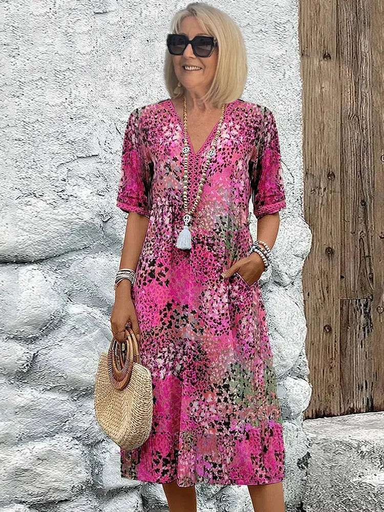 Women's Printed V-Neck A-Line Midi Dress with Pockets – Relaxed Casual Summer Dress