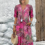 Women's Printed V-Neck A-Line Midi Dress with Pockets – Relaxed Casual Summer Dress