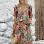 Women's Printed V-Neck A-Line Midi Dress with Pockets – Relaxed Casual Summer Dress
