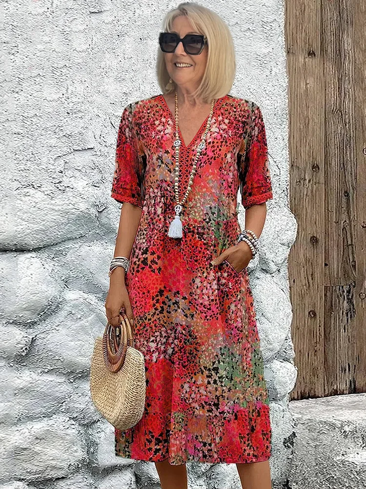 Women's Printed V-Neck A-Line Midi Dress with Pockets – Relaxed Casual Summer Dress