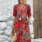 Women's Printed V-Neck A-Line Midi Dress with Pockets – Relaxed Casual Summer Dress