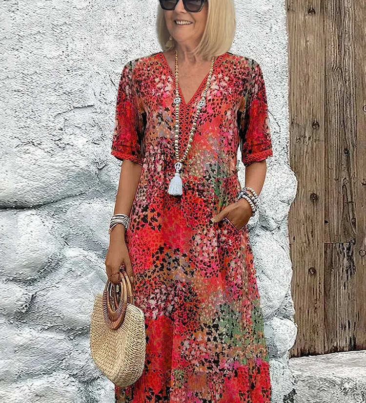 Women's Printed V-Neck A-Line Midi Dress with Pockets – Relaxed Casual Summer Dress