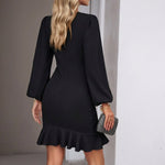 Women's Black Long Sleeve Mini Dress with Ruched Waist and Ruffle Hem – Cocktail Dress