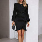 Women's Black Long Sleeve Mini Dress with Ruched Waist and Ruffle Hem – Cocktail Dress