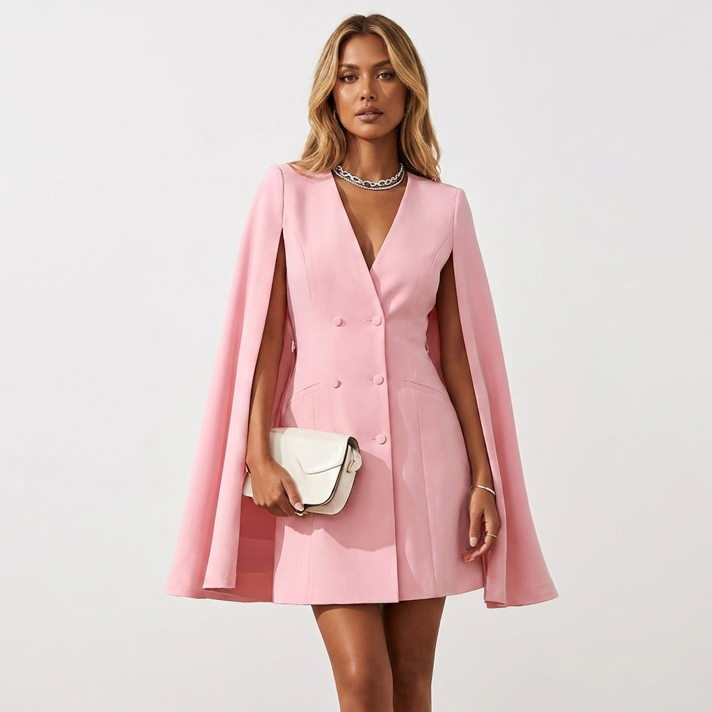 Women's Double Breasted Blazer Mini Dress with Cape Sleeves & Belt – Formal Races Dress