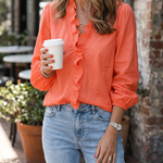 Women's Ruffle V-Neck Blouse with Gathered Cuffs – Floral or Plain Casual Top for Weekends & Brunch