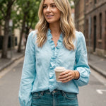 Women's Ruffle V-Neck Blouse with Gathered Cuffs – Floral or Plain Casual Top for Weekends & Brunch