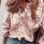 Women's Ruffle V-Neck Blouse with Gathered Cuffs – Floral or Plain Casual Top for Weekends & Brunch