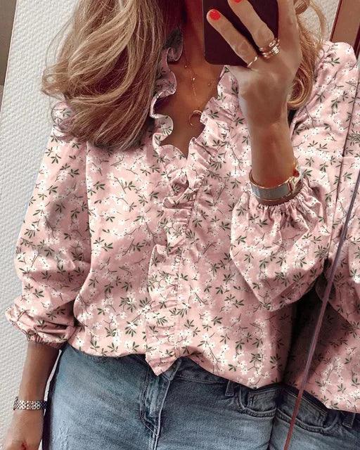 Women's Ruffle V-Neck Blouse with Gathered Cuffs – Floral or Plain Casual Top for Weekends & Brunch