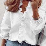 Women's Ruffle V-Neck Blouse with Gathered Cuffs – Floral or Plain Casual Top for Weekends & Brunch