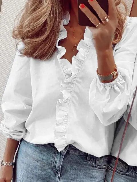 Women's Ruffle V-Neck Blouse with Gathered Cuffs – Floral or Plain Casual Top for Weekends & Brunch