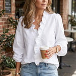 Women's Ruffle V-Neck Blouse with Gathered Cuffs – Floral or Plain Casual Top for Weekends & Brunch