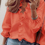 Women's Ruffle V-Neck Blouse with Gathered Cuffs – Floral or Plain Casual Top for Weekends & Brunch