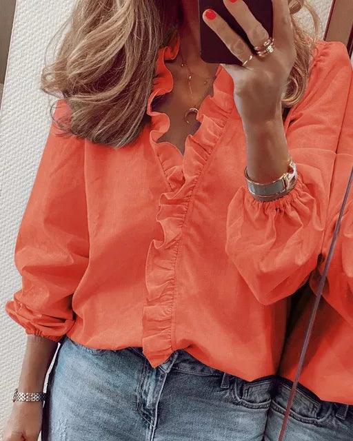 Women's Ruffle V-Neck Blouse with Gathered Cuffs – Floral or Plain Casual Top for Weekends & Brunch