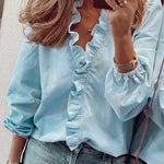 Women's Ruffle V-Neck Blouse with Gathered Cuffs – Floral or Plain Casual Top for Weekends & Brunch