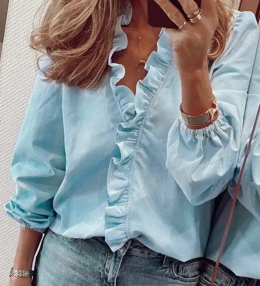 Women's Ruffle V-Neck Blouse with Gathered Cuffs – Floral or Plain Casual Top for Weekends & Brunch