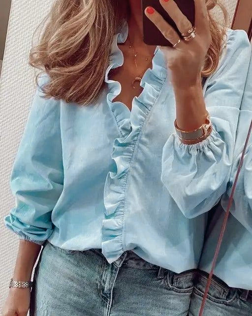 Women's Ruffle V-Neck Blouse with Gathered Cuffs – Floral or Plain Casual Top for Weekends & Brunch