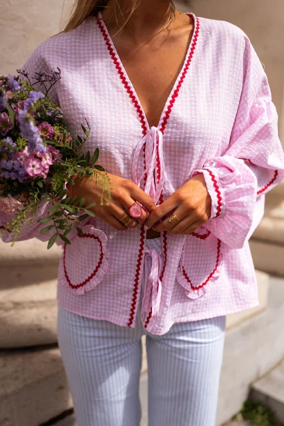 Women's Gingham Tie-Front Blouse with Ruffles & Puff Sleeves – Long Sleeve Statement Top