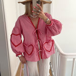Women's Gingham Tie-Front Blouse with Ruffles & Puff Sleeves – Long Sleeve Statement Top
