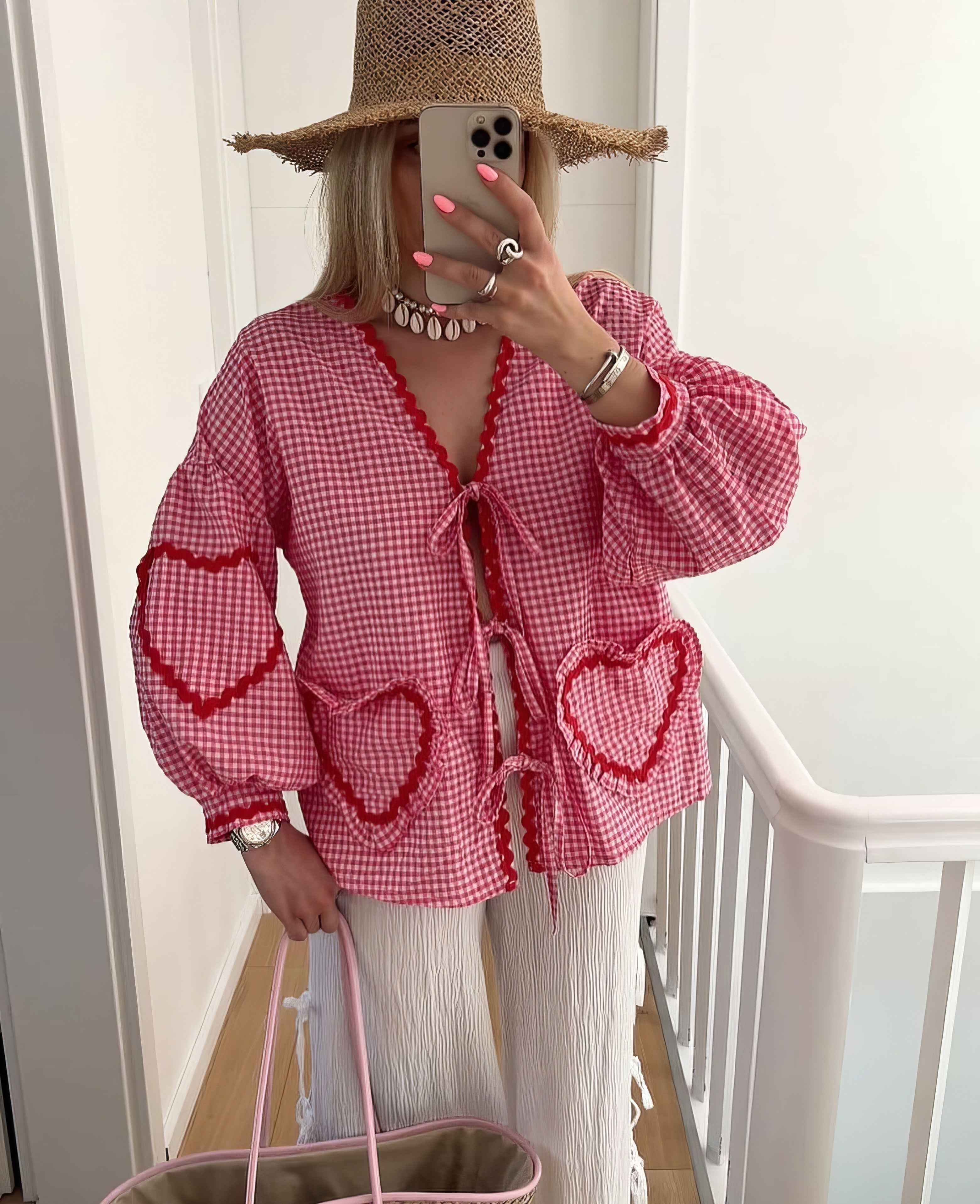 Women's Gingham Tie-Front Blouse with Ruffles & Puff Sleeves – Long Sleeve Statement Top