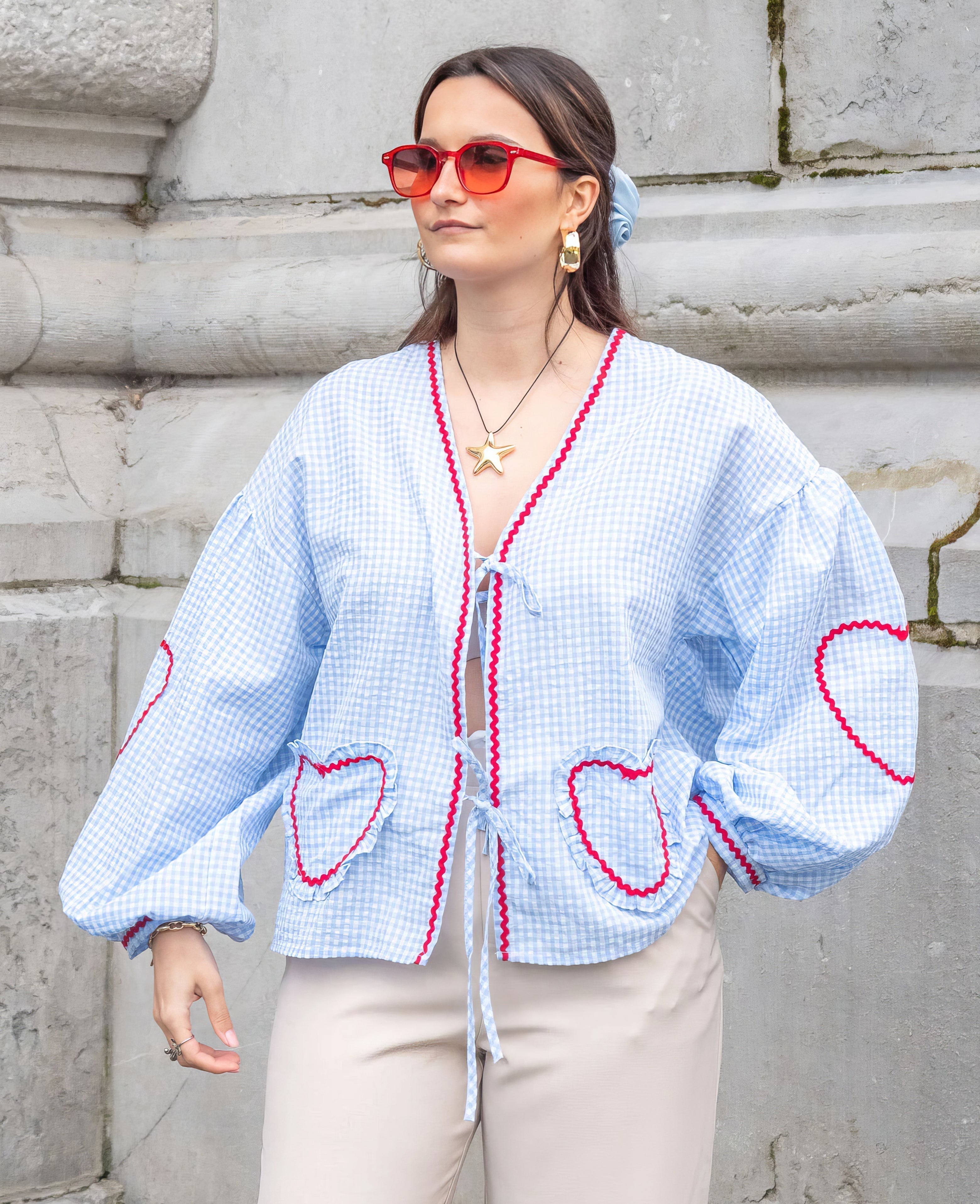 Women's Gingham Tie-Front Blouse with Ruffles & Puff Sleeves – Long Sleeve Statement Top