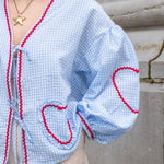 Women's Gingham Tie-Front Blouse with Ruffles & Puff Sleeves – Long Sleeve Statement Top