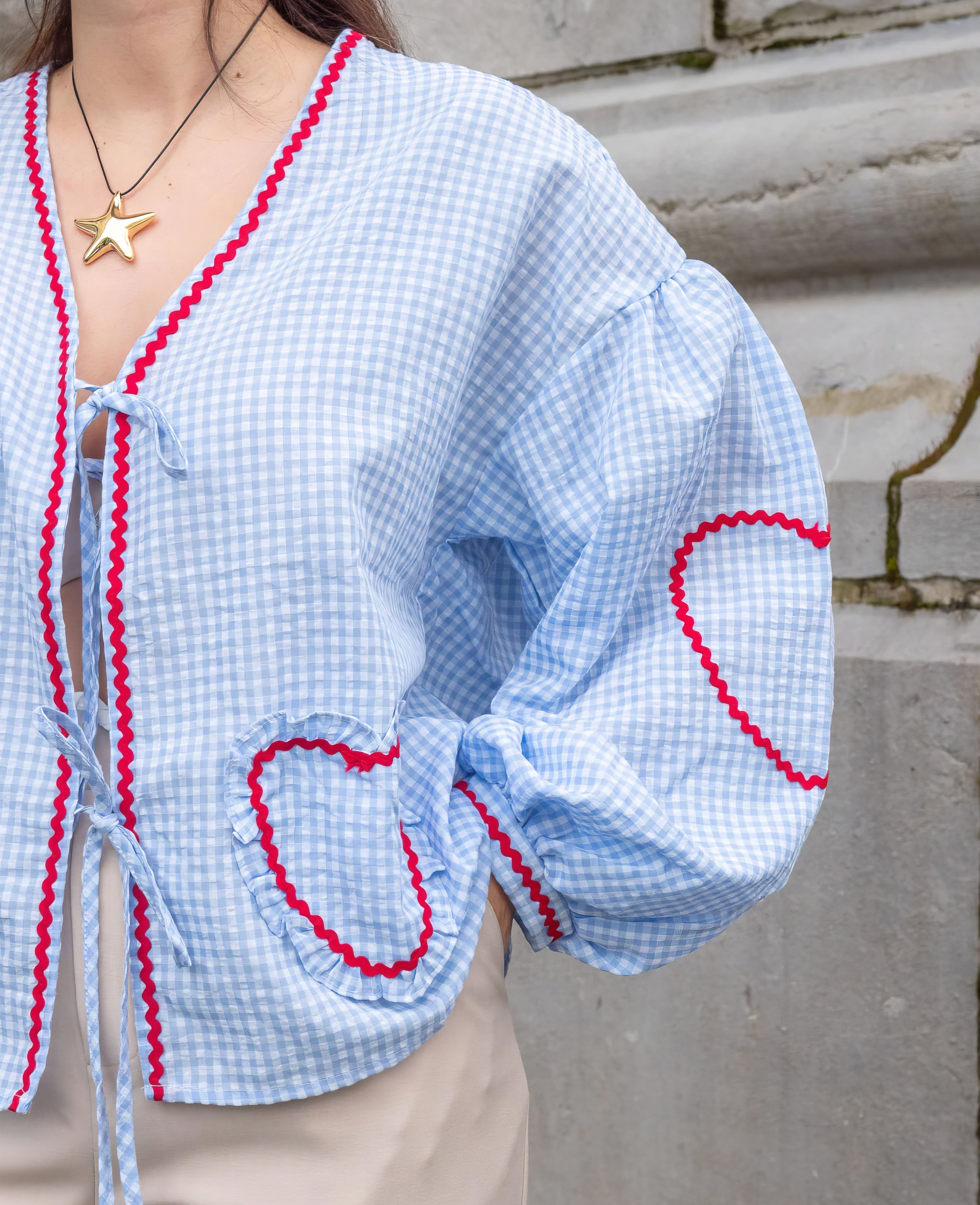 Women's Gingham Tie-Front Blouse with Ruffles & Puff Sleeves – Long Sleeve Statement Top