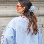Women's Gingham Tie-Front Blouse with Ruffles & Puff Sleeves – Long Sleeve Statement Top
