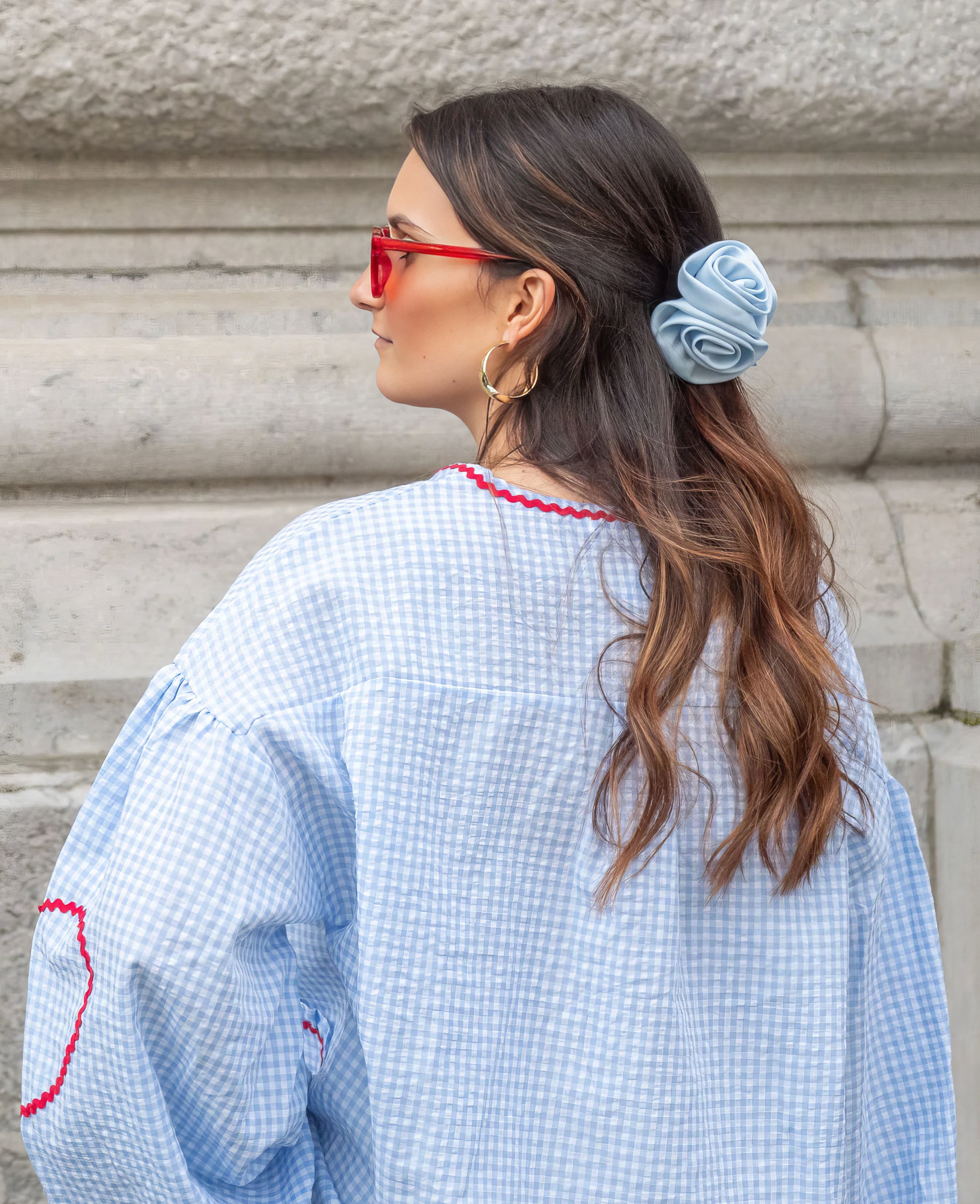 Women's Gingham Tie-Front Blouse with Ruffles & Puff Sleeves – Long Sleeve Statement Top