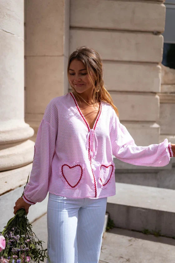Women's Gingham Tie-Front Blouse with Ruffles & Puff Sleeves – Long Sleeve Statement Top