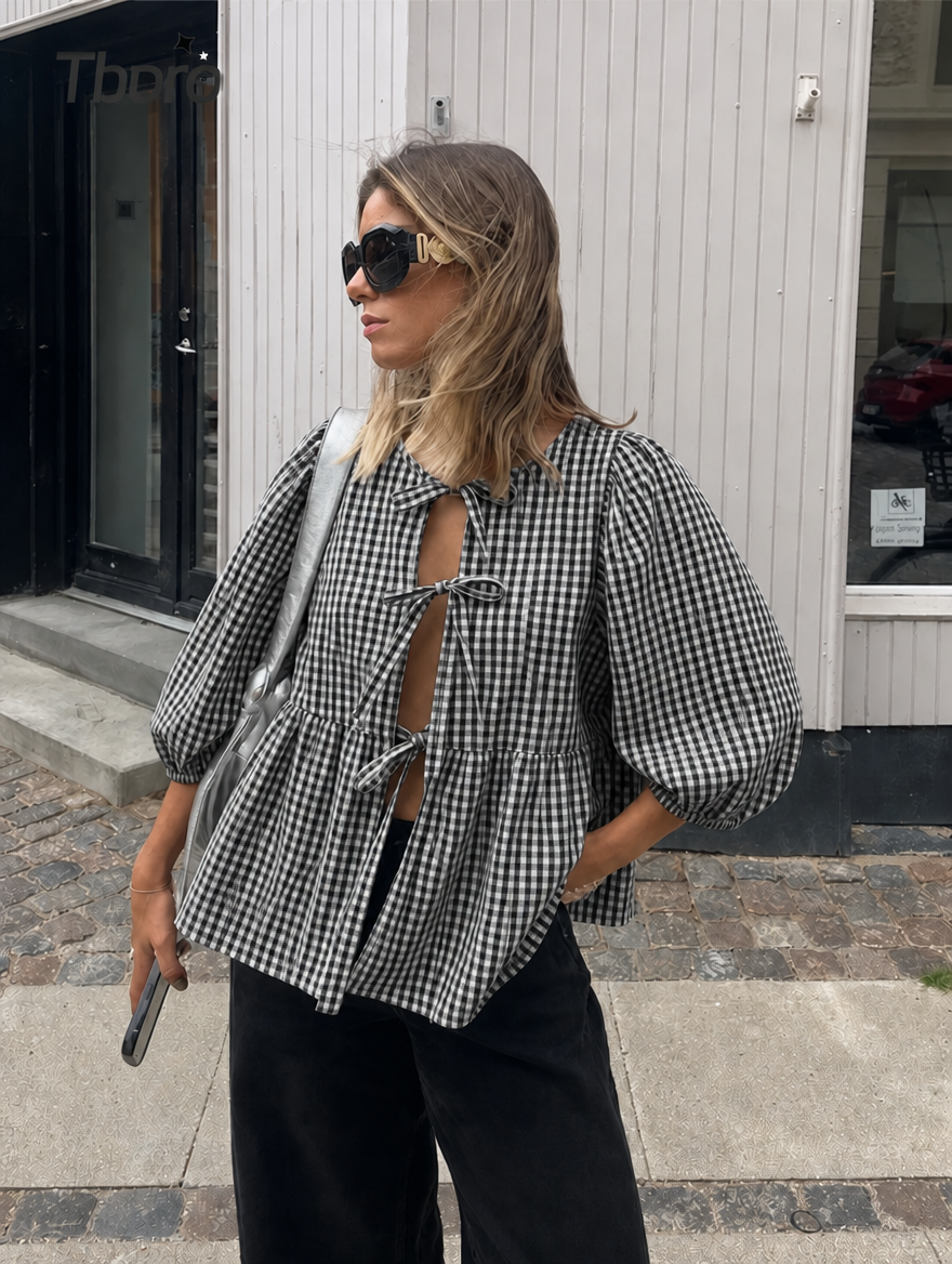 Women's Striped Tie-Front Blouse with Puff Sleeves and Peplum Hem – Casual Summer Top