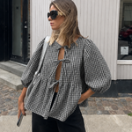 Women's Striped Tie-Front Blouse with Puff Sleeves and Peplum Hem – Casual Summer Top