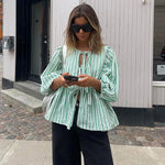Women's Striped Tie-Front Blouse with Puff Sleeves and Peplum Hem – Casual Summer Top