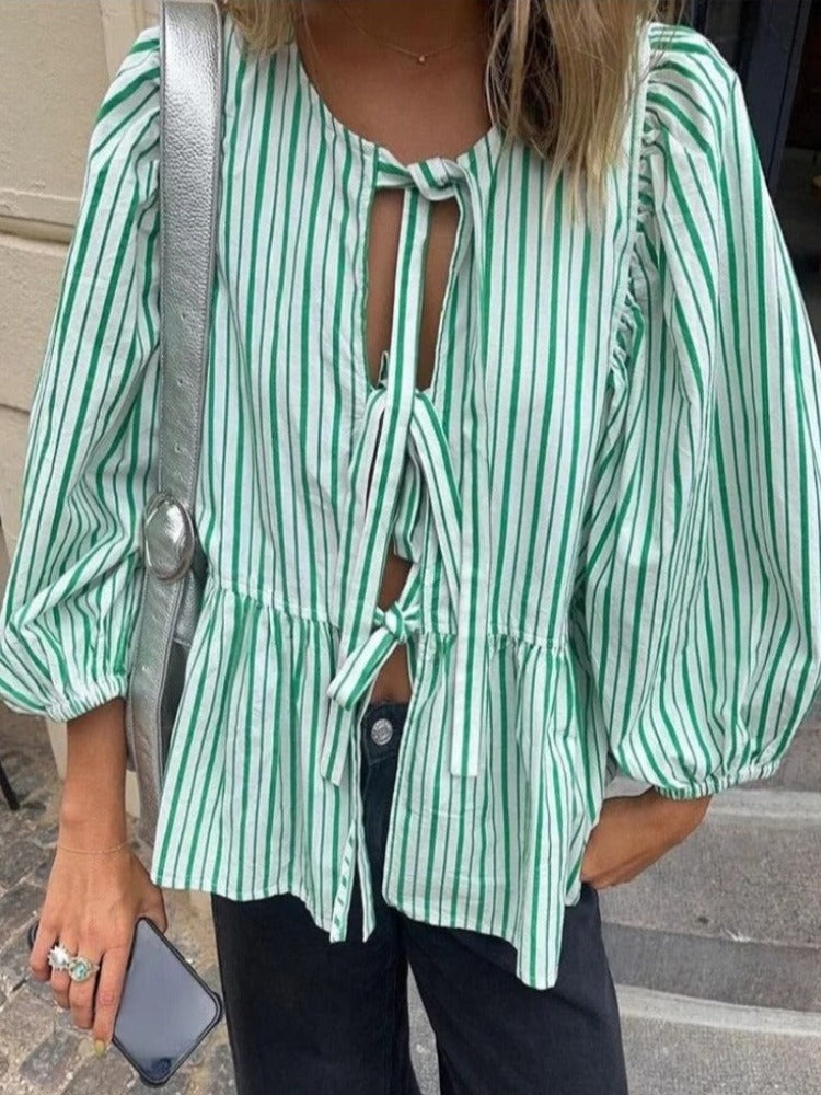 Women's Striped Tie-Front Blouse with Puff Sleeves and Peplum Hem – Casual Summer Top