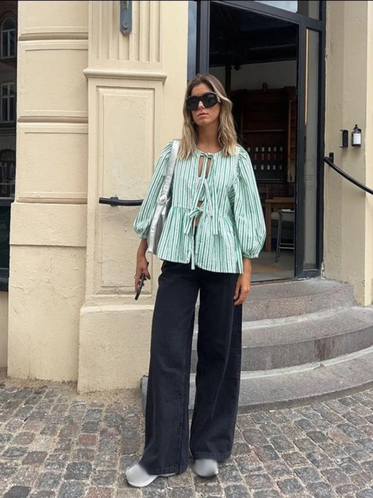 Women's Striped Tie-Front Blouse with Puff Sleeves and Peplum Hem – Casual Summer Top