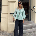 Women's Striped Tie-Front Blouse with Puff Sleeves and Peplum Hem – Casual Summer Top