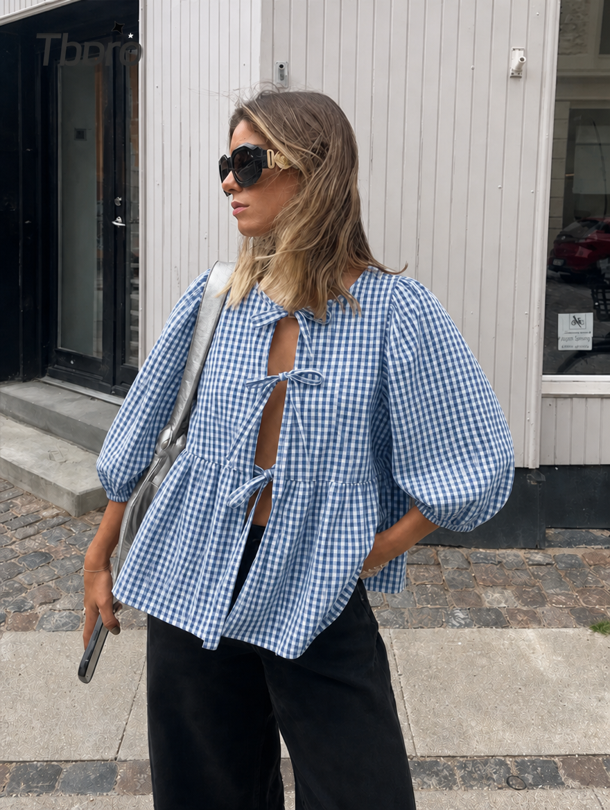 Women's Striped Tie-Front Blouse with Puff Sleeves and Peplum Hem – Casual Summer Top