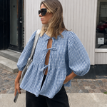 Women's Striped Tie-Front Blouse with Puff Sleeves and Peplum Hem – Casual Summer Top