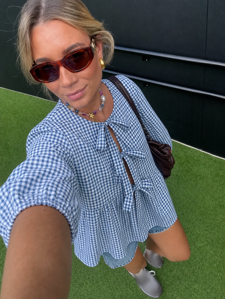 Women's Striped Tie-Front Blouse with Puff Sleeves and Peplum Hem – Casual Summer Top