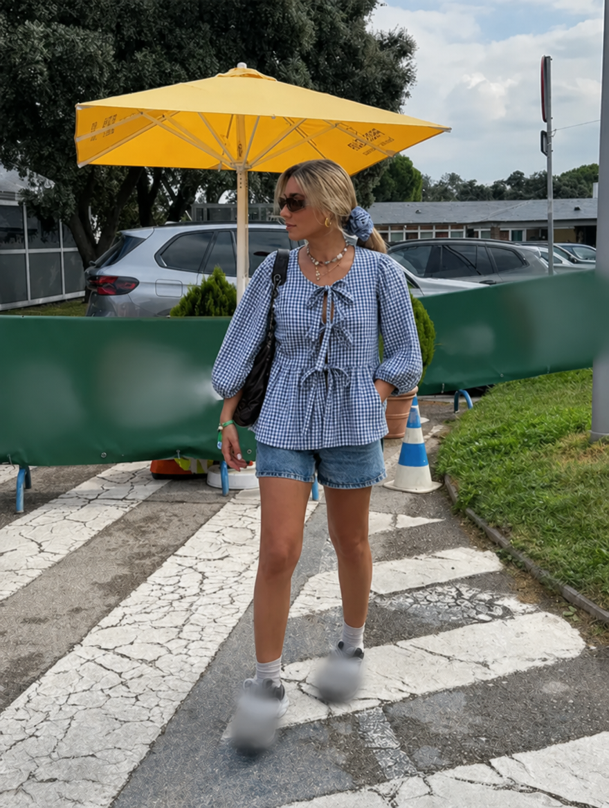 Women's Striped Tie-Front Blouse with Puff Sleeves and Peplum Hem – Casual Summer Top